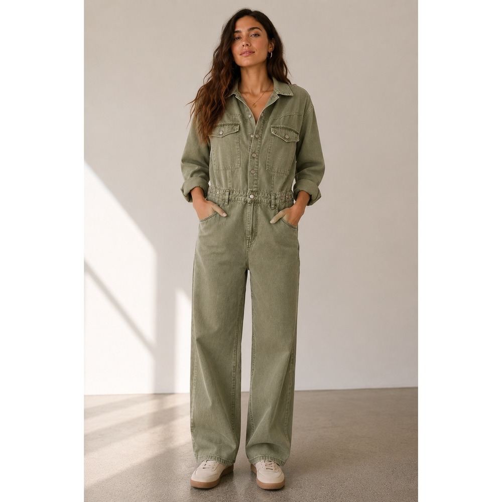 Miou Muse Jumpsuit Womens Medium Green Like New Cotton Denim Utility Boiler Suit